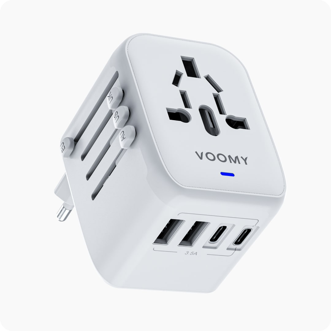 Voomy Travel Y25 - Reisstekker Wereld - 170+ Landen - 2 USB-A & 2 USB-C - Wereldstekker Universeel - Wit