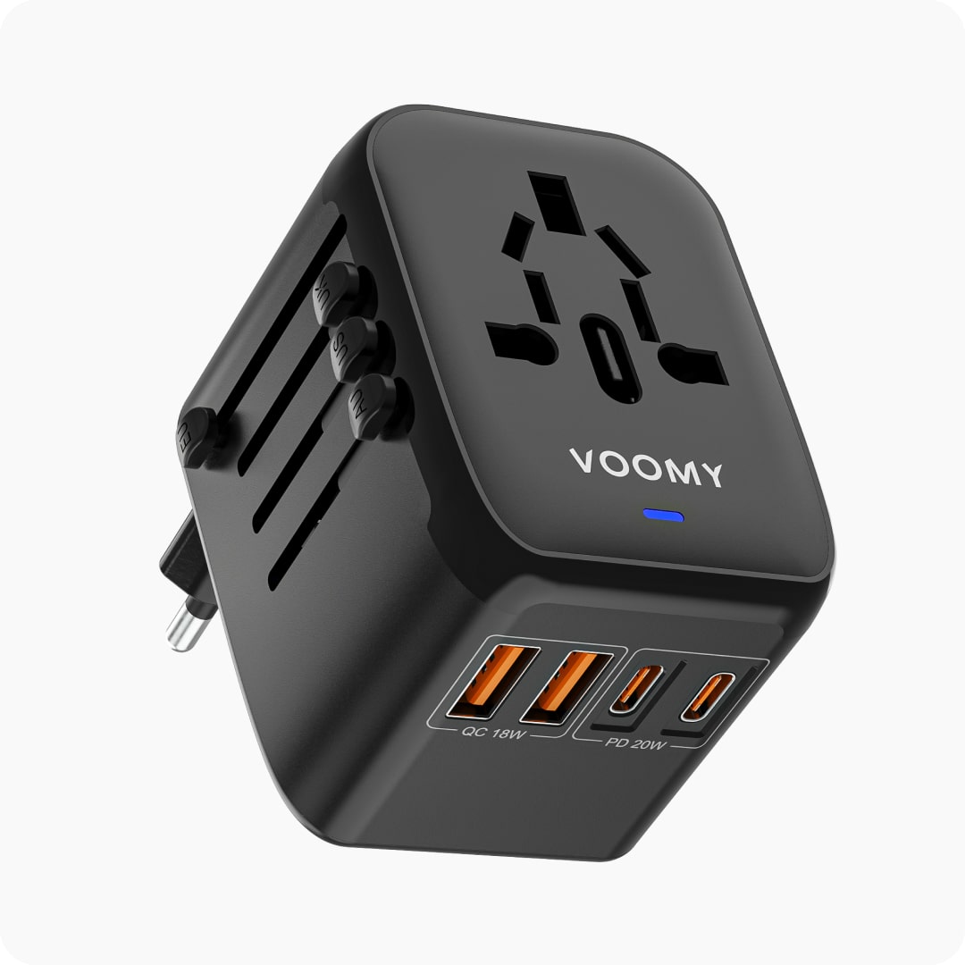 Voomy Travel Y26 - Reisstekker Wereld - 170+ Landen - 20W Snellader - 2 USB-A 2 USB-C PD poorten - Wereldstekker - Zwart