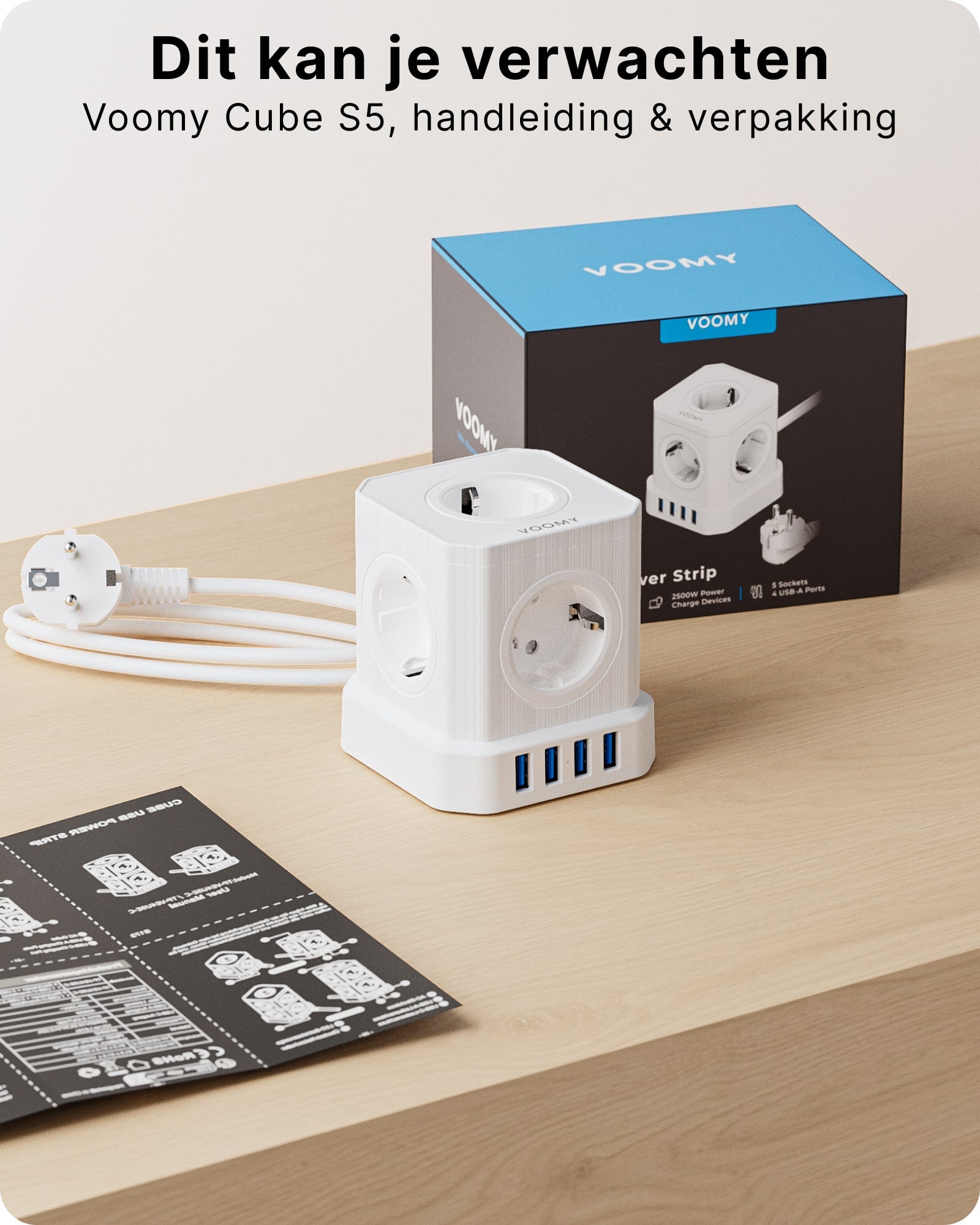Voomy Power Cube S5 - Stekkerdoos 4 USB-A & 5 EU - Wit