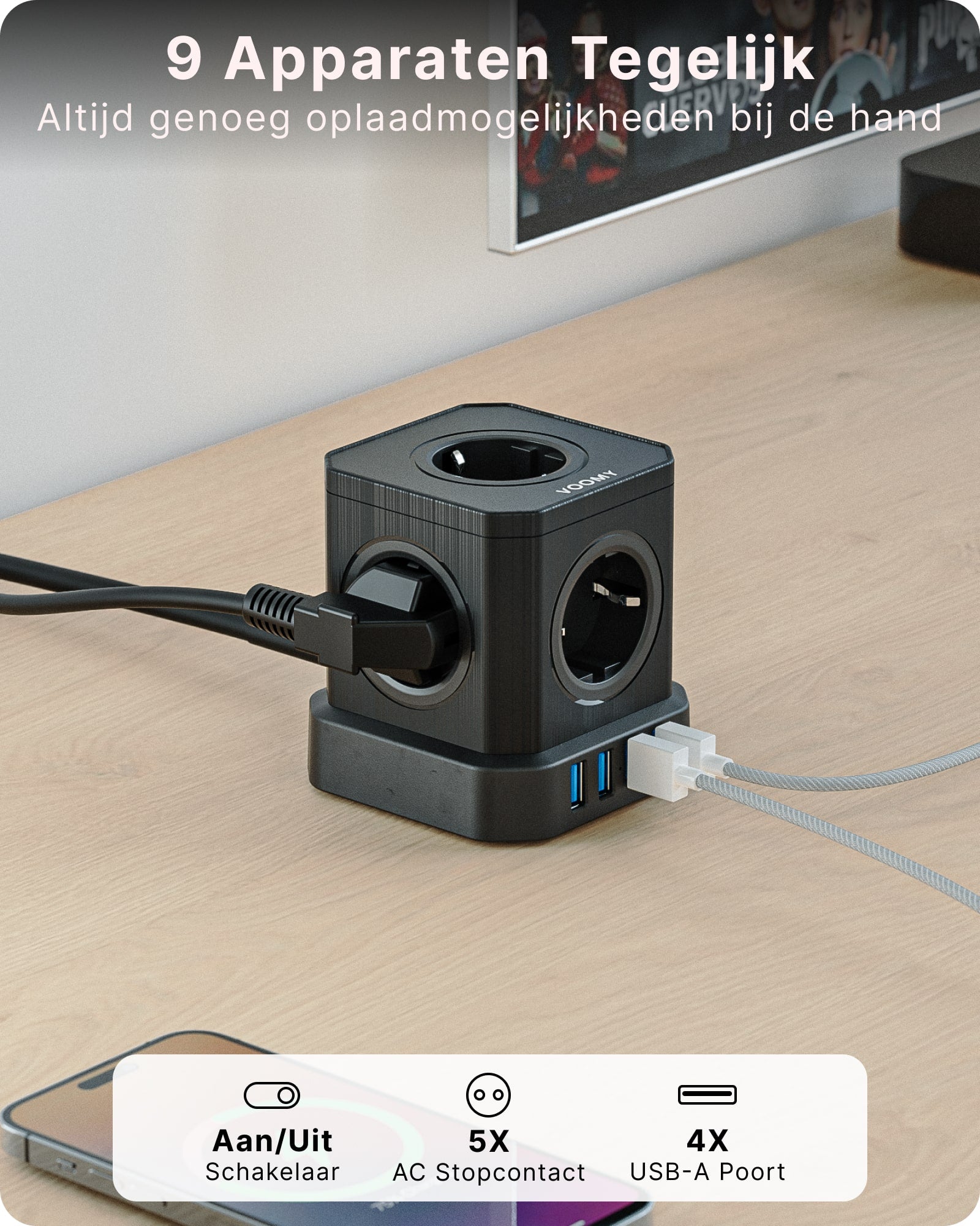 Voomy Power Cube S5 - Stekkerdoos 4 USB-A & 5 EU - Zwart