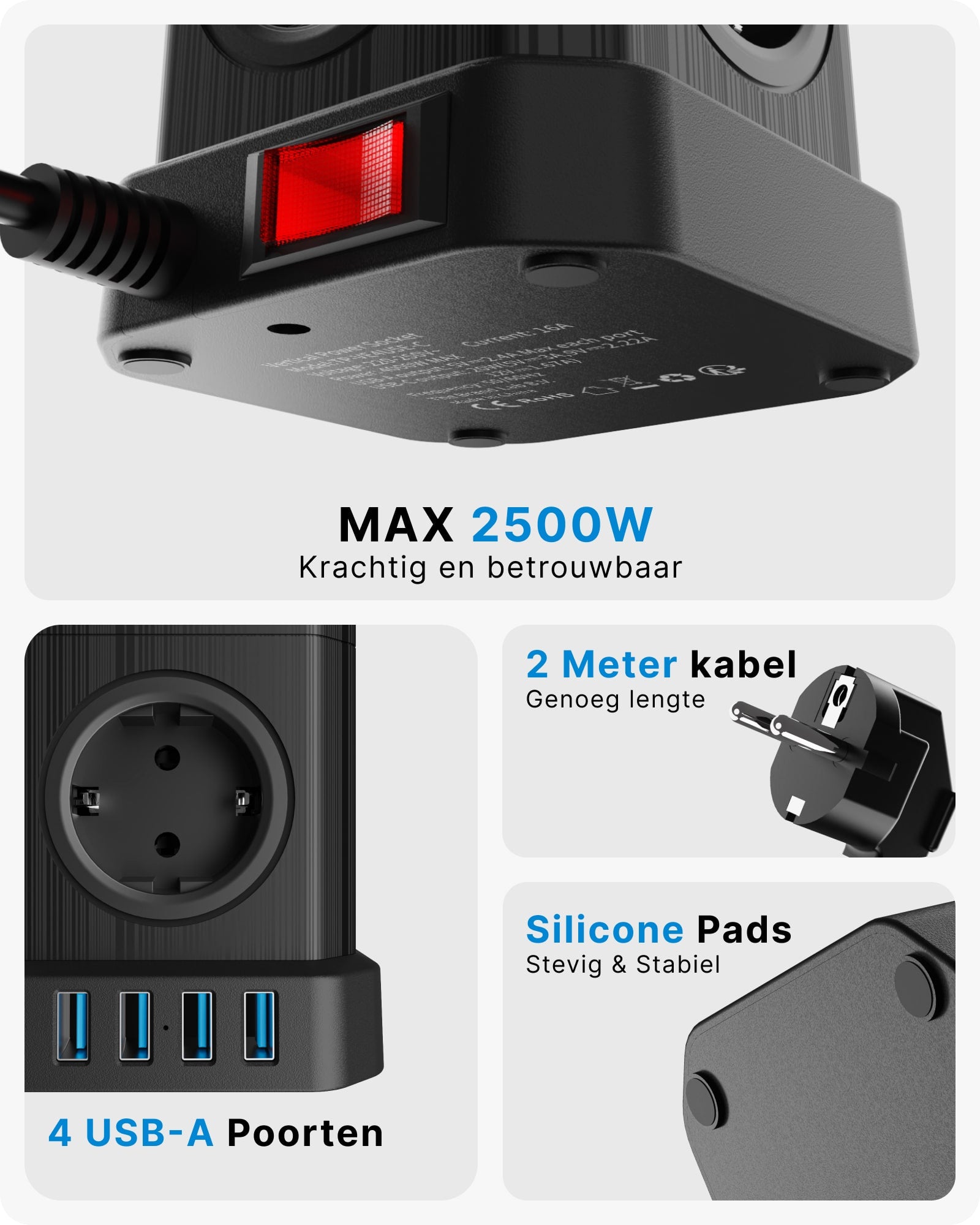 Voomy Power Cube S5 - Stekkerdoos 4 USB-A & 5 EU - Zwart