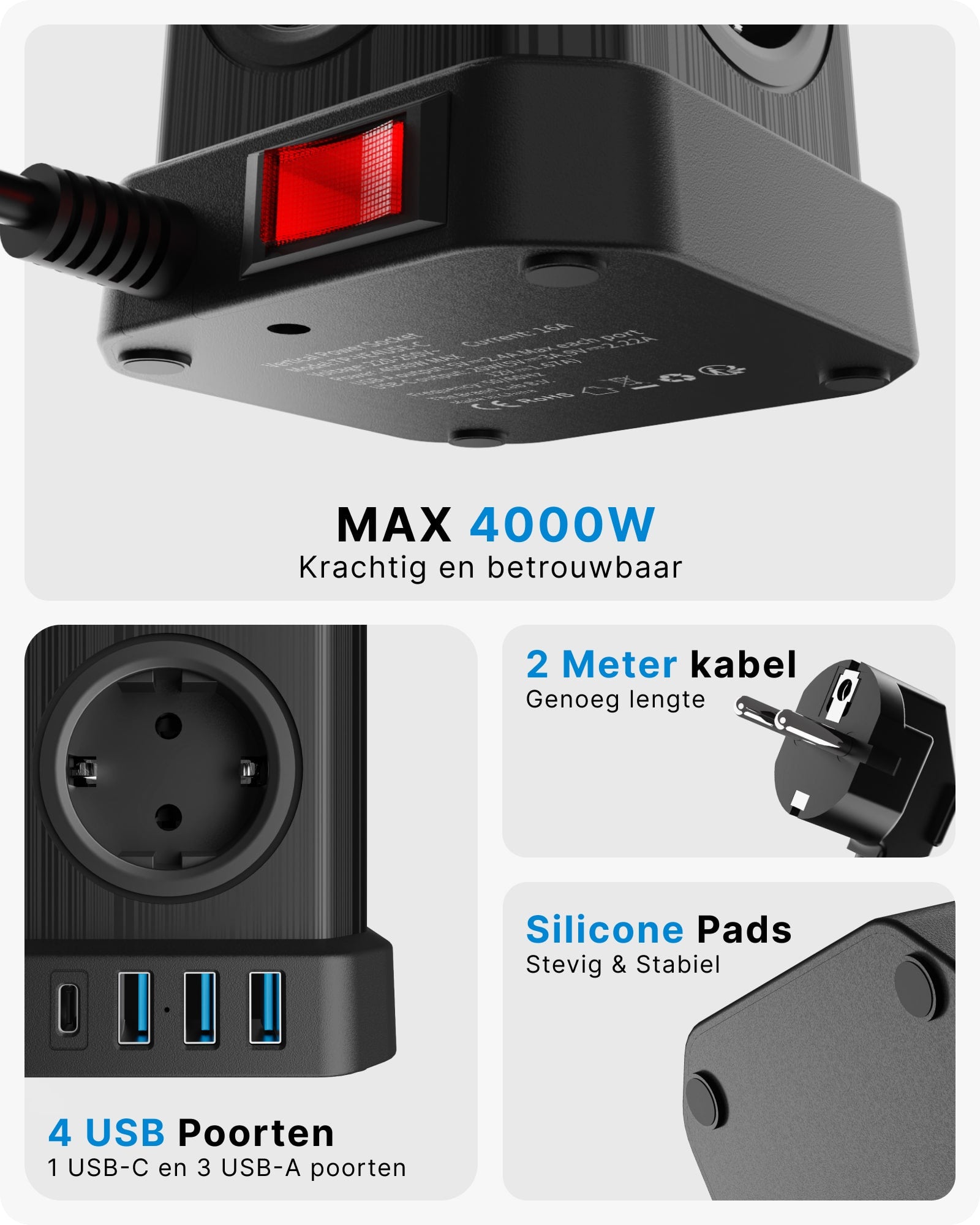 Voomy Power Cube S6 - Stekkerdoos 1 USB-C & 3 USB-A 4000W Zwart