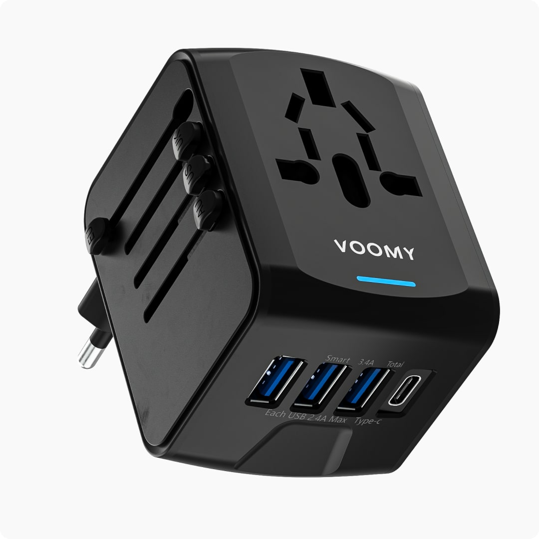 Voomy Travel Y20 - Reisstekker Wereld - 170+ Landen - 4 USB Poorten - Wereldstekker Universeel - Zwart