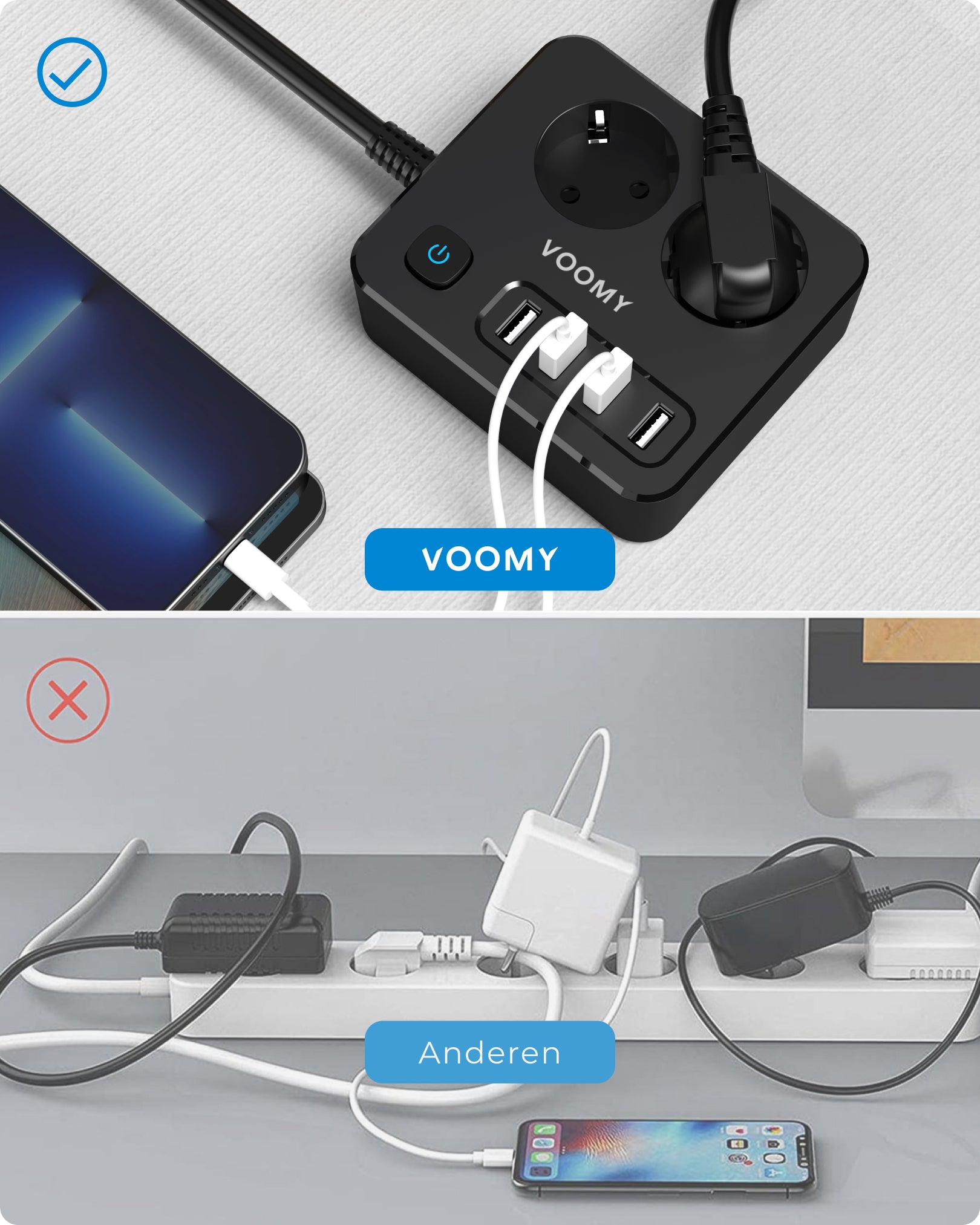 Voomy Power S2 - Stekkerdoos - 4 USB-A & 2 EU - Zwart