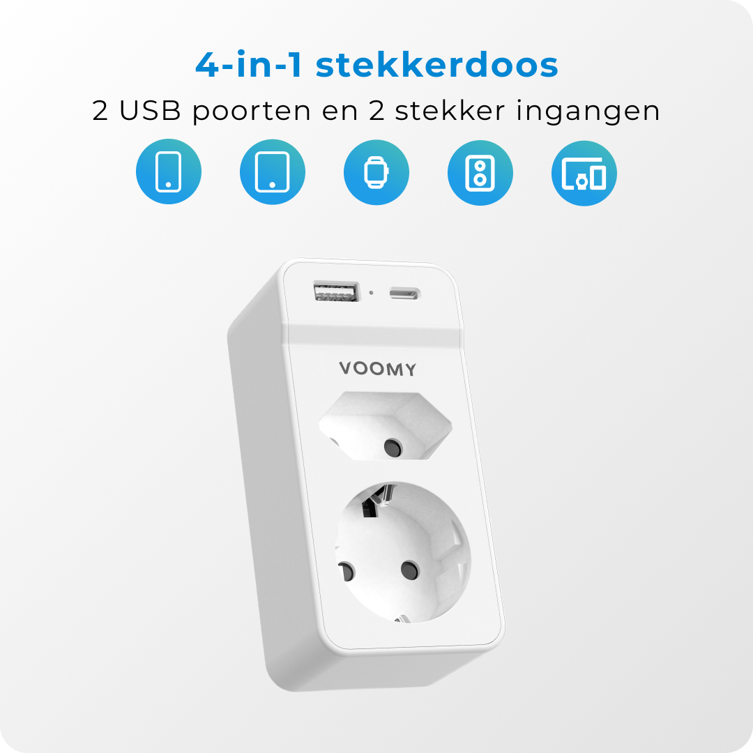 Voomy Split X2S - Verdeelstekker 1 USB-A 1 USB-C & 2 EU - Wit