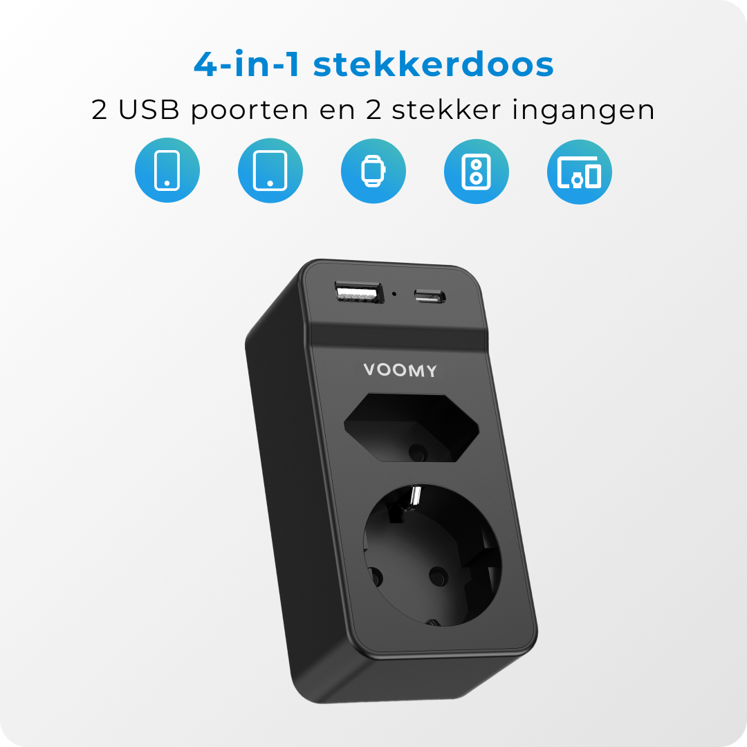 Voomy Split X2S - Verdeelstekker 1 USB-A 1 USB-C & 2 EU - Zwart