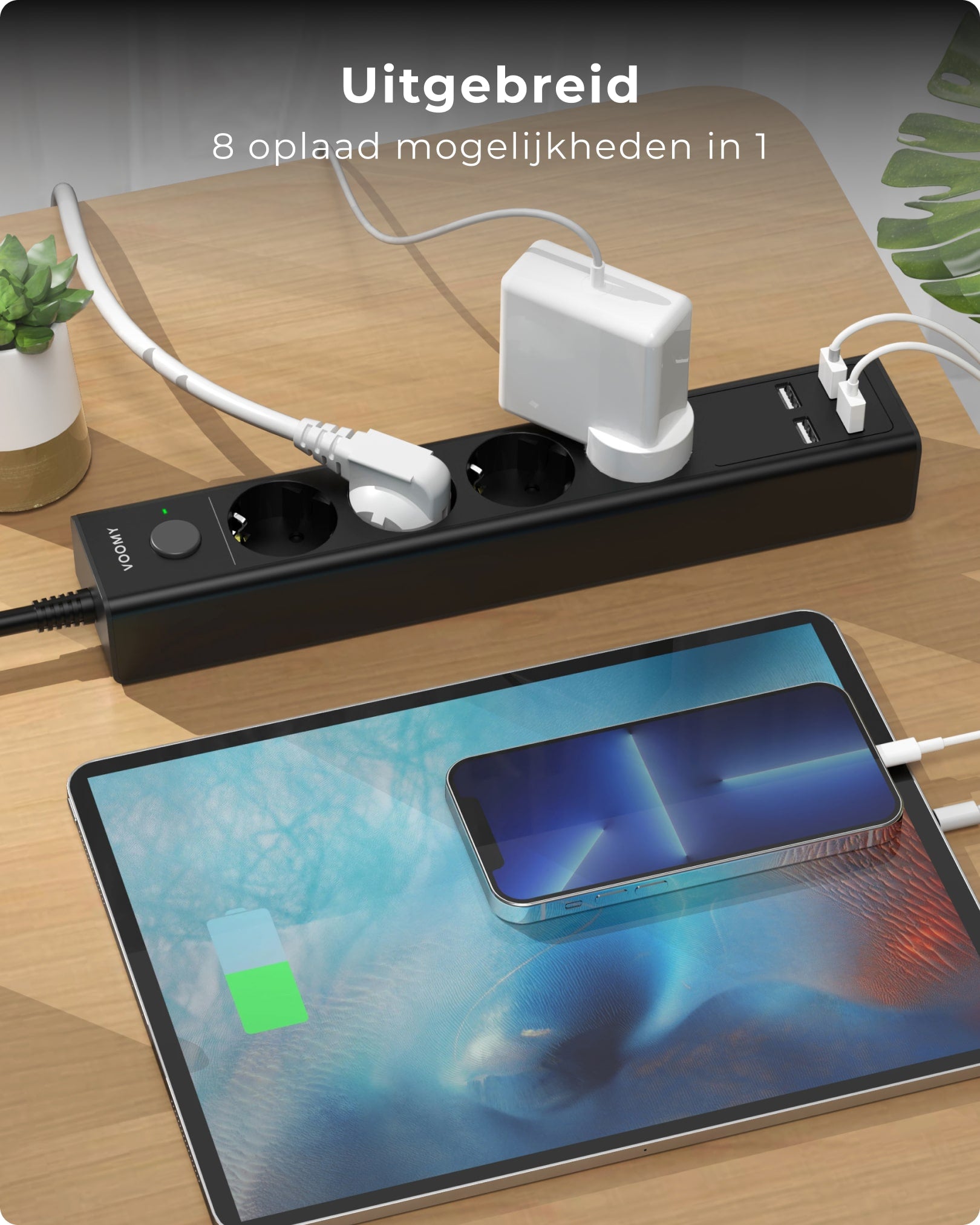Voomy Power S4 - Platte Stekkerdoos - 4 USB-A & 4 EU - Zwart