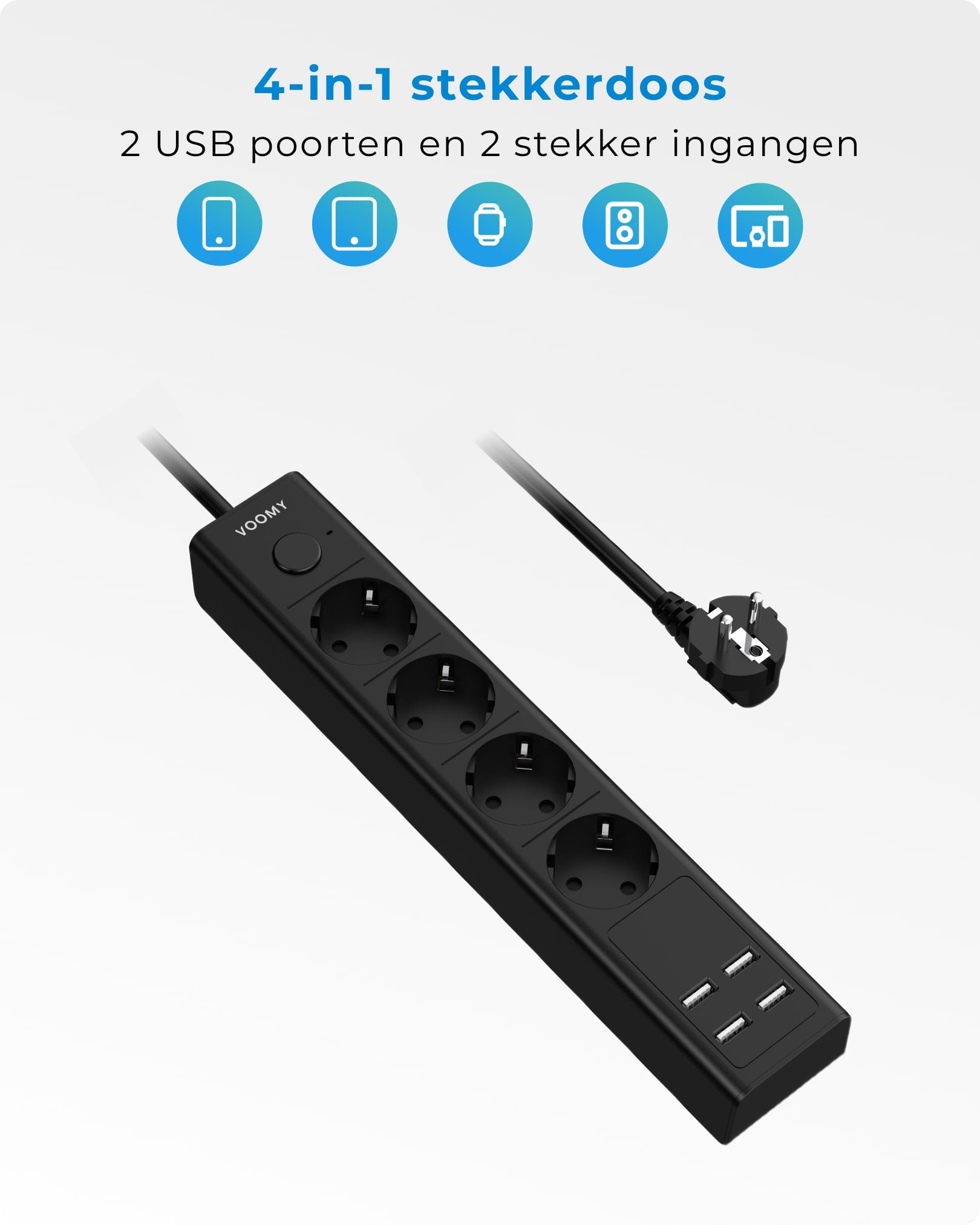 Voomy Power S4 - Platte Stekkerdoos - 4 USB-A & 4 EU - Zwart