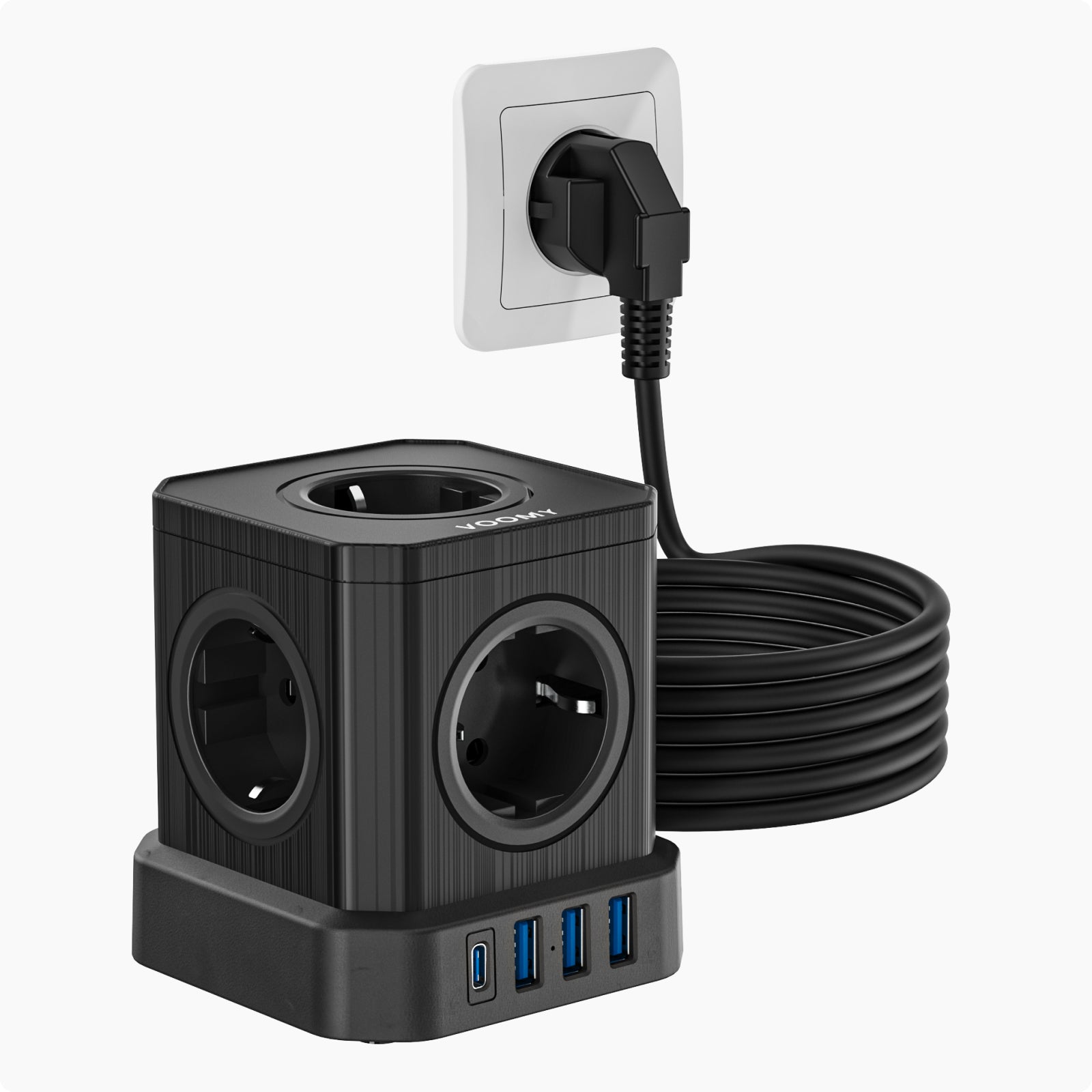 Voomy Power Cube S6 - Stekkerdoos - 5 Meter - 1 USB-C & 3 USB-A 4000W Zwart