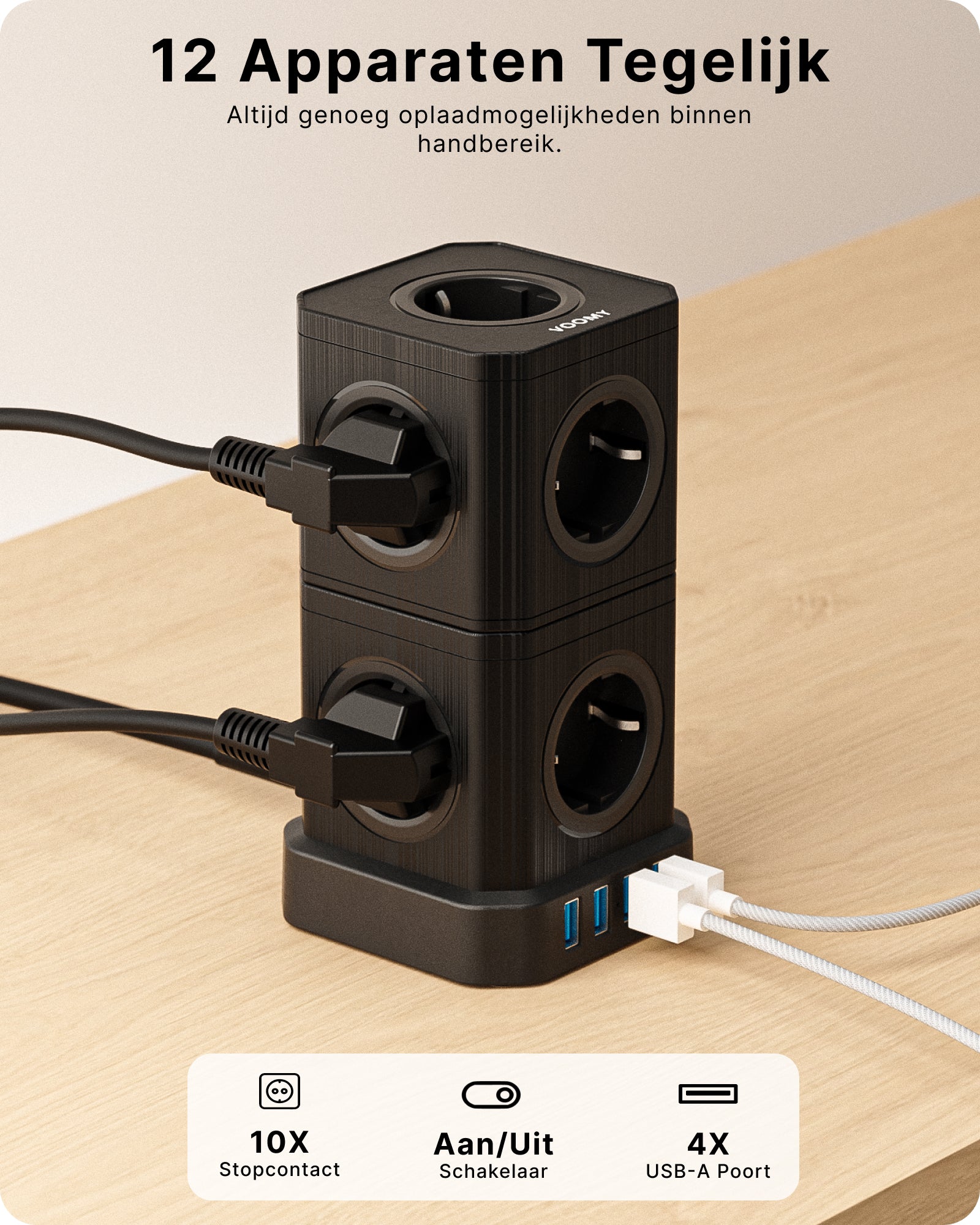 Voomy Power S10 - Cube Toren Stekkerdoos 4 USB A & 5/10 EU