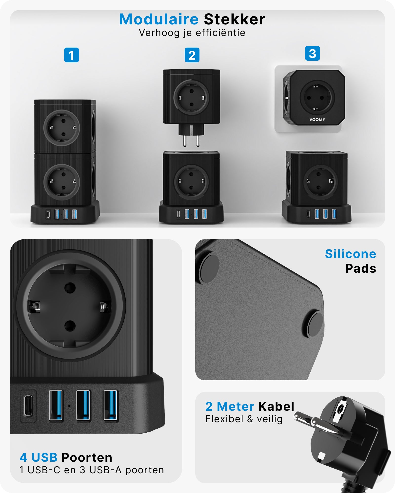 Voomy Power S10-C - Cube Toren Stekkerdoos - 1 USB-C, 3 USB-A & 10EU