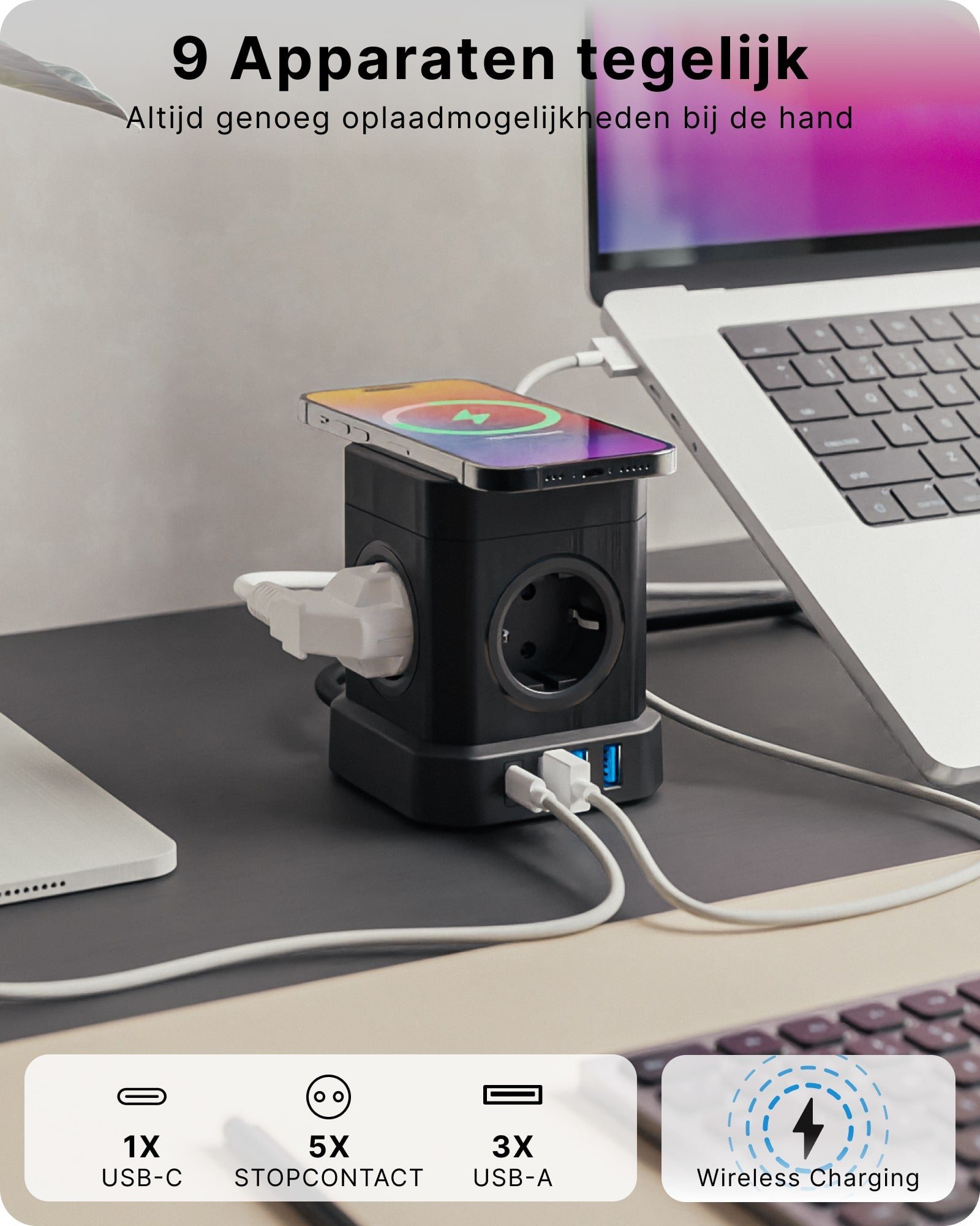 Voomy Power Cube S6-W - Stekkerdoos met draadloos opladen 1 USB-C & 3 USB-A 4000W