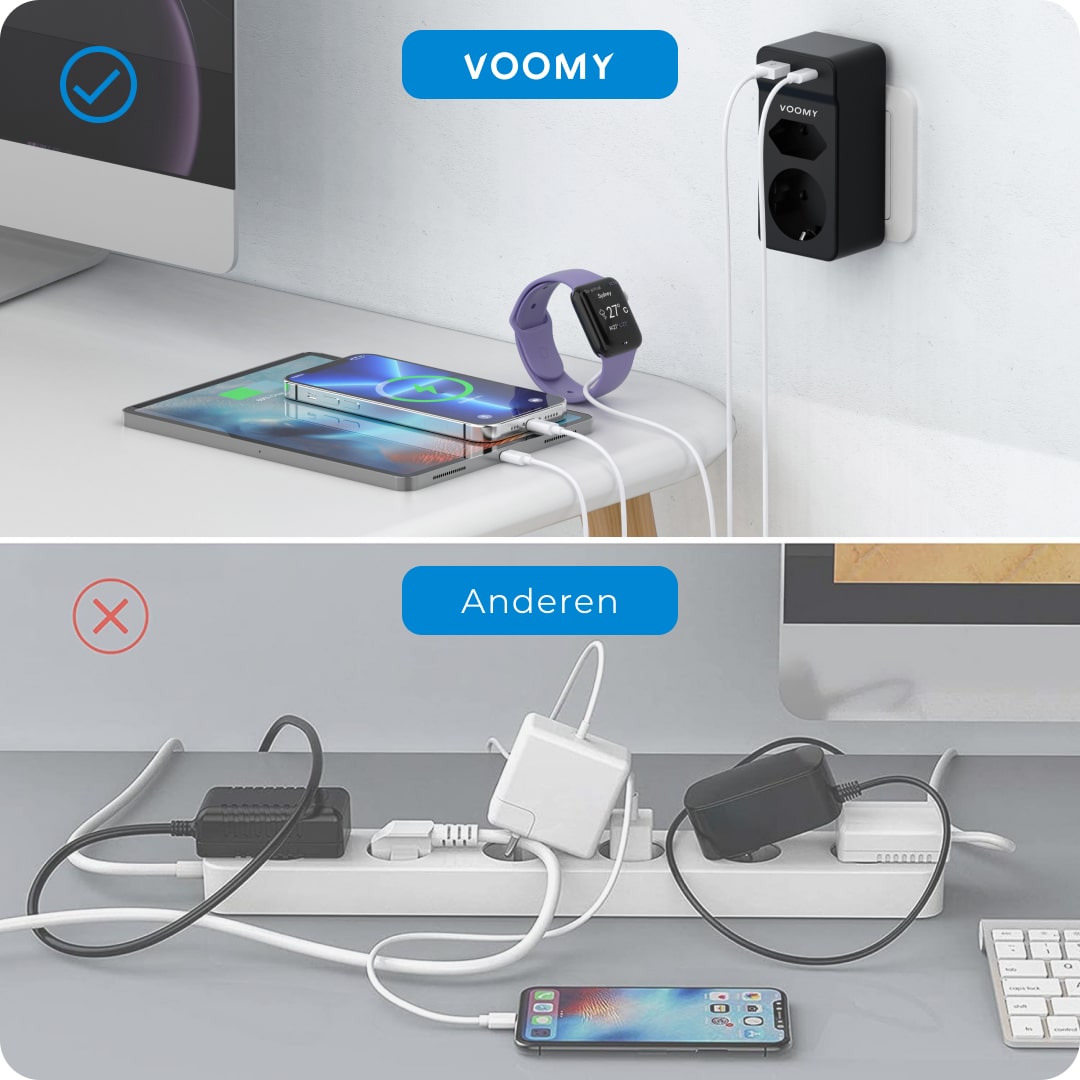 Voomy Split X2S - Verdeelstekker 1 USB-A 1 USB-C & 2 EU - Zwart